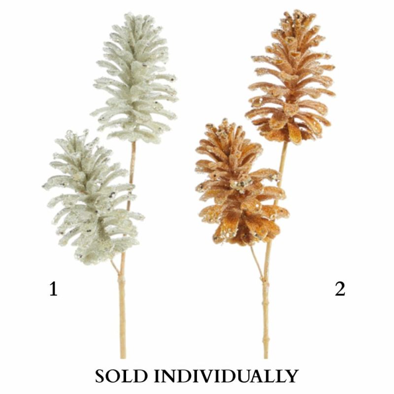 Christmas Tree Décor |  21.5" Beaded And Glittered Pinecone Stem (2 Styles – Sold Individually) Christmas Décor 1 - White