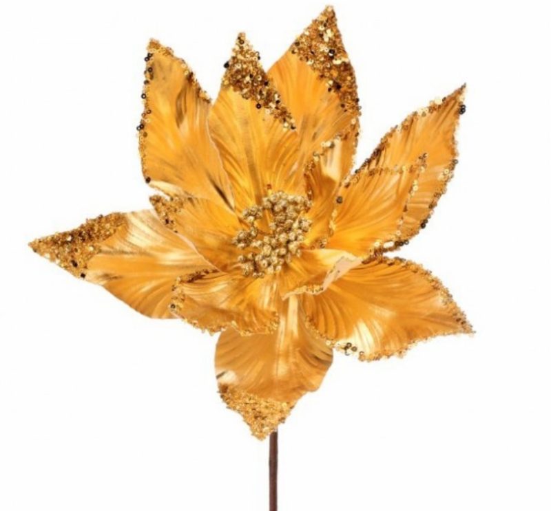 Christmas Tree Décor |  24" Metallic Sequined Edge Poinsettia Stem (Sold Individually) Christmas Décor Christmas Tree Décor