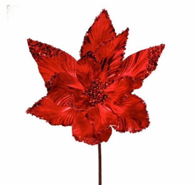 Christmas Tree Décor |  24" Metallic Sequined Edge Poinsettia Stem (Sold Individually) Christmas Décor Christmas Tree Décor