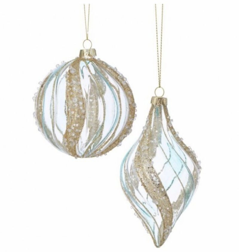 Christmas Tree Décor |  4-6" Aqua & Gold Pearl Striped Ball Or Finial Ornament (Sold Individually) Christmas Décor Christmas Tree Décor