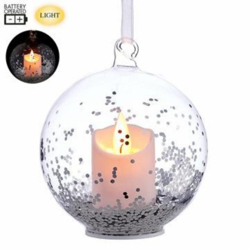 Christmas Tree Décor |  4" Battery Operated Glass Ball Ornament With Candle & Silver Glitter Christmas Décor Christmas Tree Décor