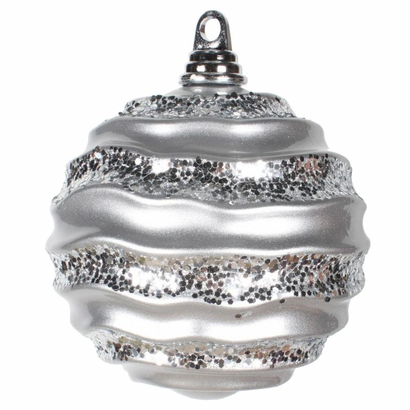 Christmas Tree Décor |  6" Silver Stripe Candy Finish Wave Ball Christmas Ornaments W/Glitter Accents Christmas Décor Christmas Tree Décor