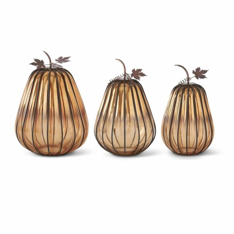 Fall & Harvest Décor |  Orange Glass Pumpkin W/Dark Metal Stems (Set Of 3) Fall / Halloween Fall & Harvest Décor