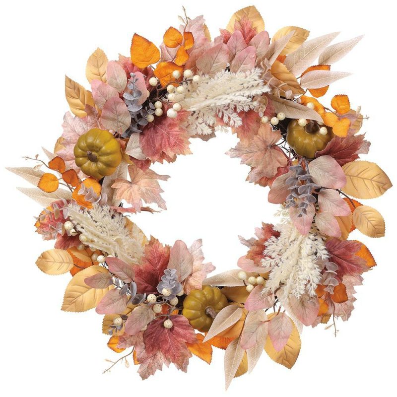 Fall & Harvest Décor |  22" Pumpkin & Eucalyptus Wreath W/Twig Base Fall / Halloween Fall & Harvest Décor