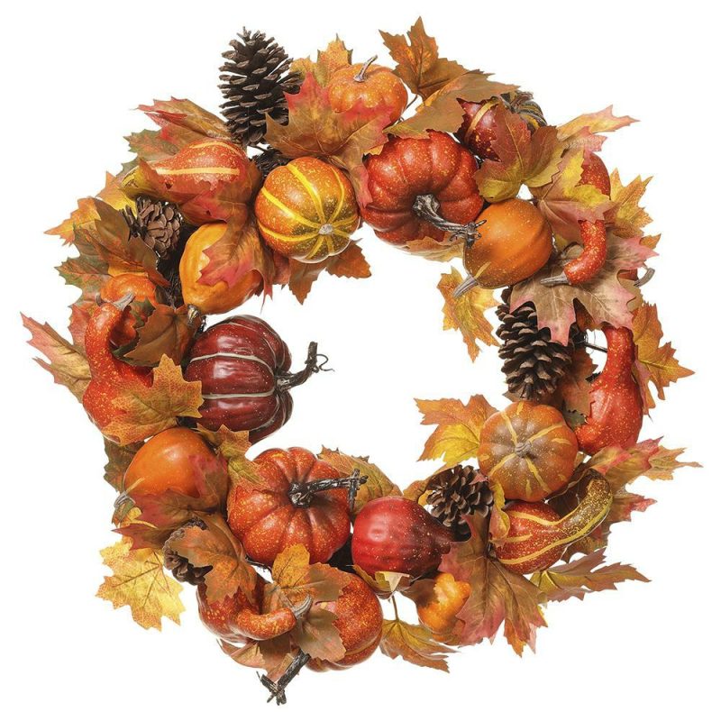 Fall & Harvest Décor |  22" Pumpkin & Pine Cone Wreath, Orange / Brown Fall / Halloween Fall & Harvest Décor