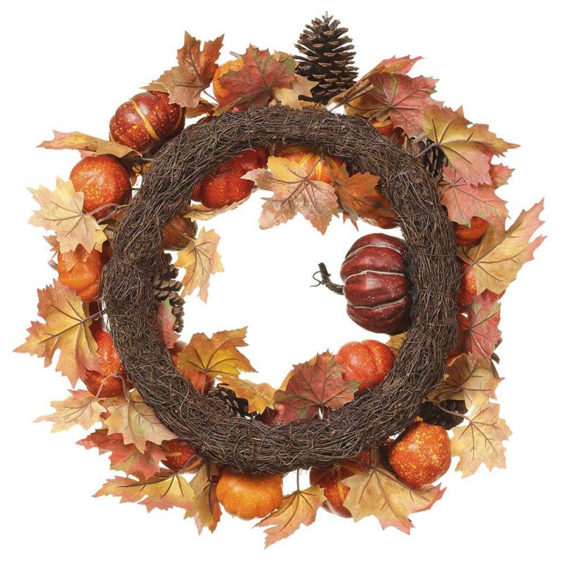 Fall & Harvest Décor |  22" Pumpkin & Pine Cone Wreath, Orange / Brown Fall / Halloween Fall & Harvest Décor