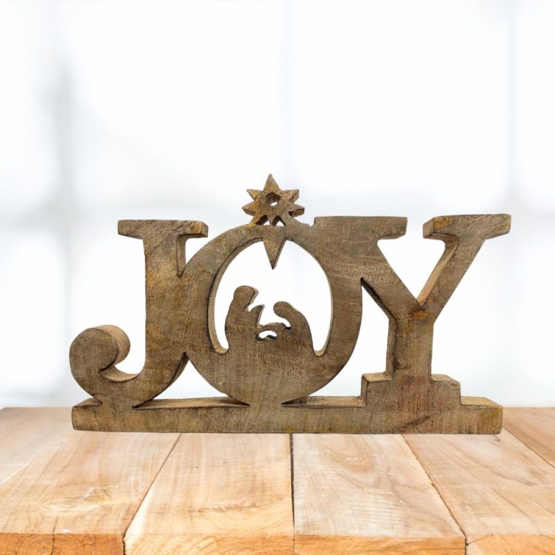 Figurines |  12"L "Joy" Carved Wooden Holy Family Figurine Christmas Décor Figurines