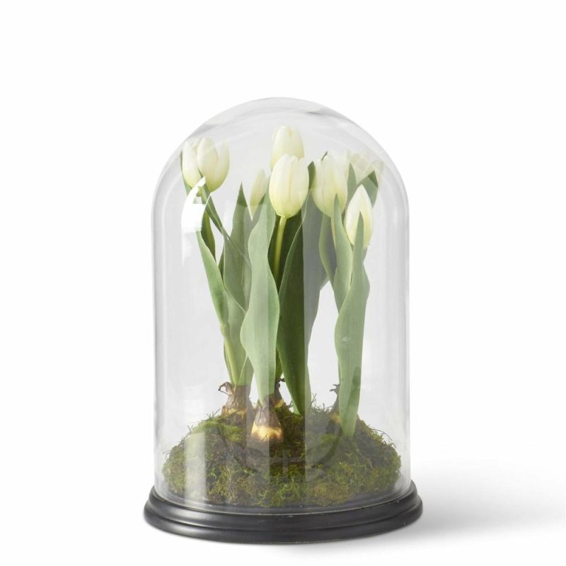 Greenery |  16 Inch White Tulip In Glass Cloche Christmas Décor Greenery