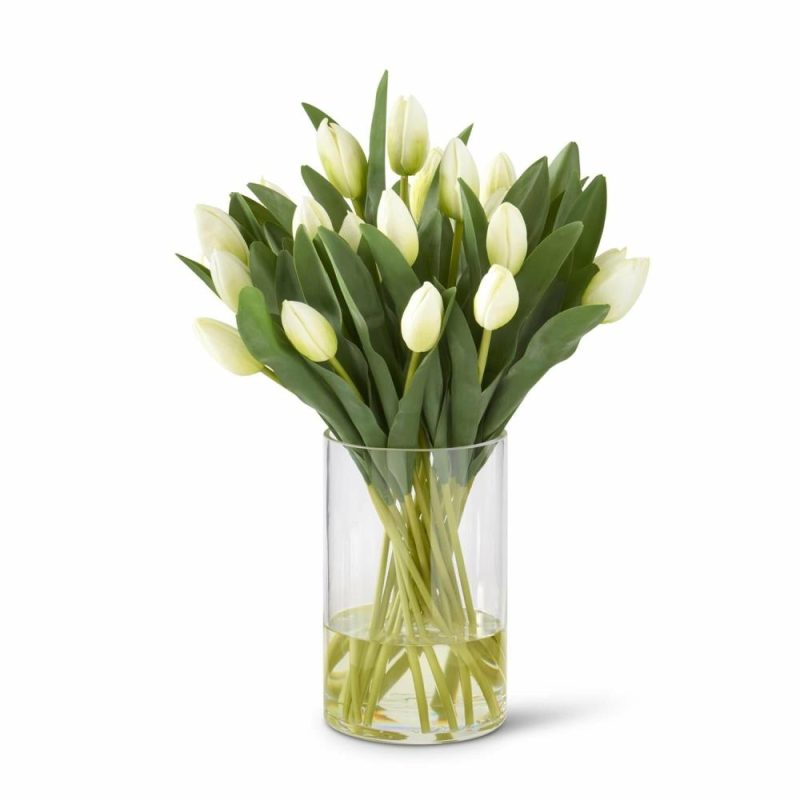 Greenery |  White Tulip Premade In Glass Vase W/Faux Water, 18" Christmas Décor Greenery