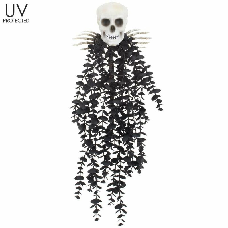 Halloween Décor |  20" Uv Protected Skull Eucalyptus Hanging Pick, Gray Black Fall / Halloween Halloween Décor