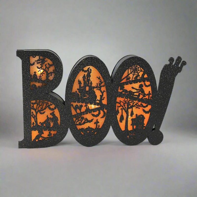 Halloween Décor |  Boo Sign With Bats And Ghosts, Black Glitter, 5" Fall / Halloween Halloween Décor