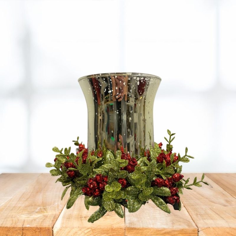 Home Décor |  6" Mercury Glass Tea Light Holder With Holly Berry Base Christmas Décor Home Décor