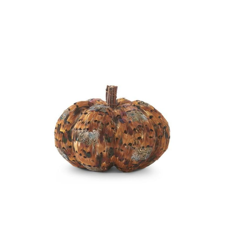 Fall & Harvest Décor |  Orange & Brown Feather Pumpkin W/Twig Stem, 6.5" Fall / Halloween Fall & Harvest Décor