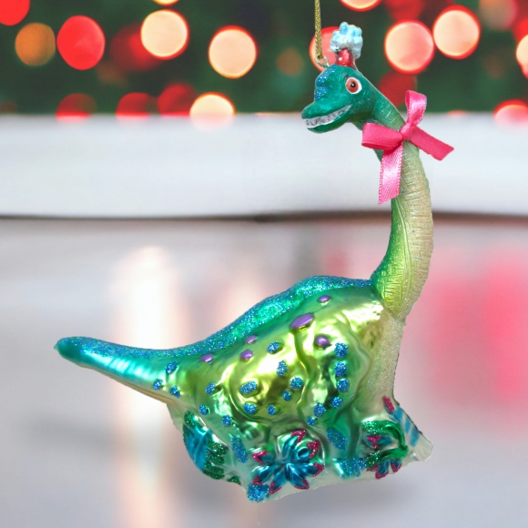 Christmas Tree Décor |  6.5" Dinosaur With Bow Glass Ornament Christmas Décor Christmas Tree Décor