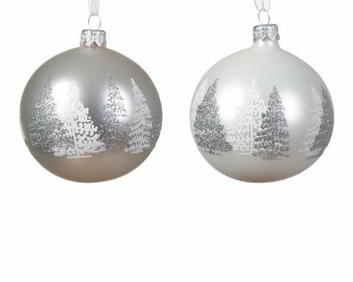 Christmas Tree Décor |  Glass Silver/Winter White Ornaments W/Tree Design 8Cm Diameter (Sold Individually) Christmas Décor Christmas Tree Décor