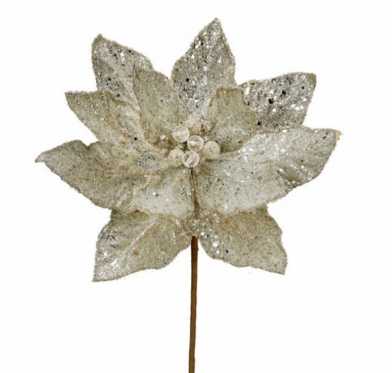 Christmas Tree Décor |  24" Micro-Beaded/Sequined Poinsettia Stem (Platinum) Christmas Décor Christmas Tree Décor